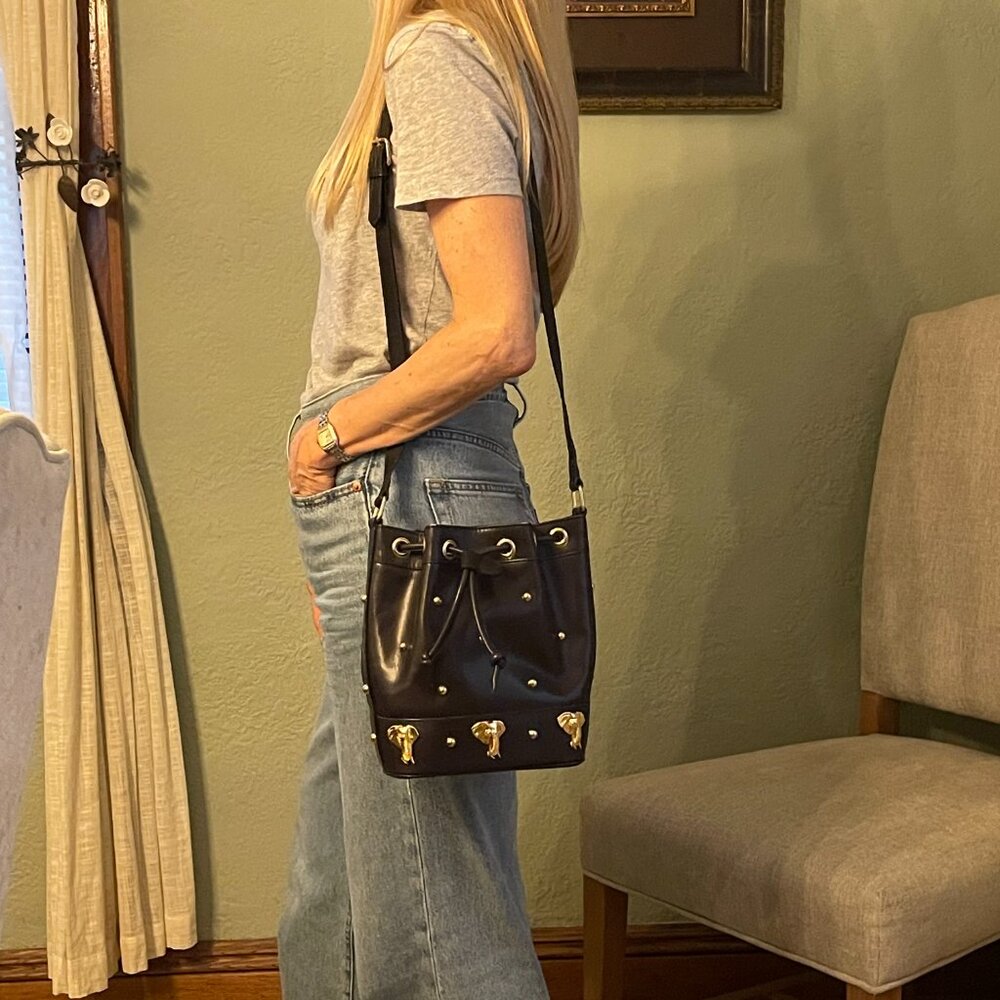 Escada Vintage 1980' Black Leather Bucket Bag/Crossbody with Gold Stud Detail